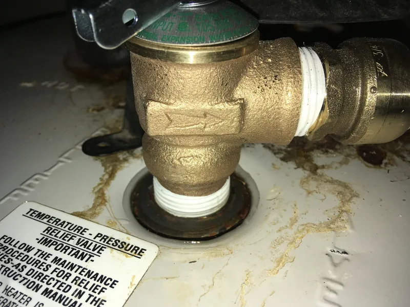 Water leak near temperature and pressure relief valve