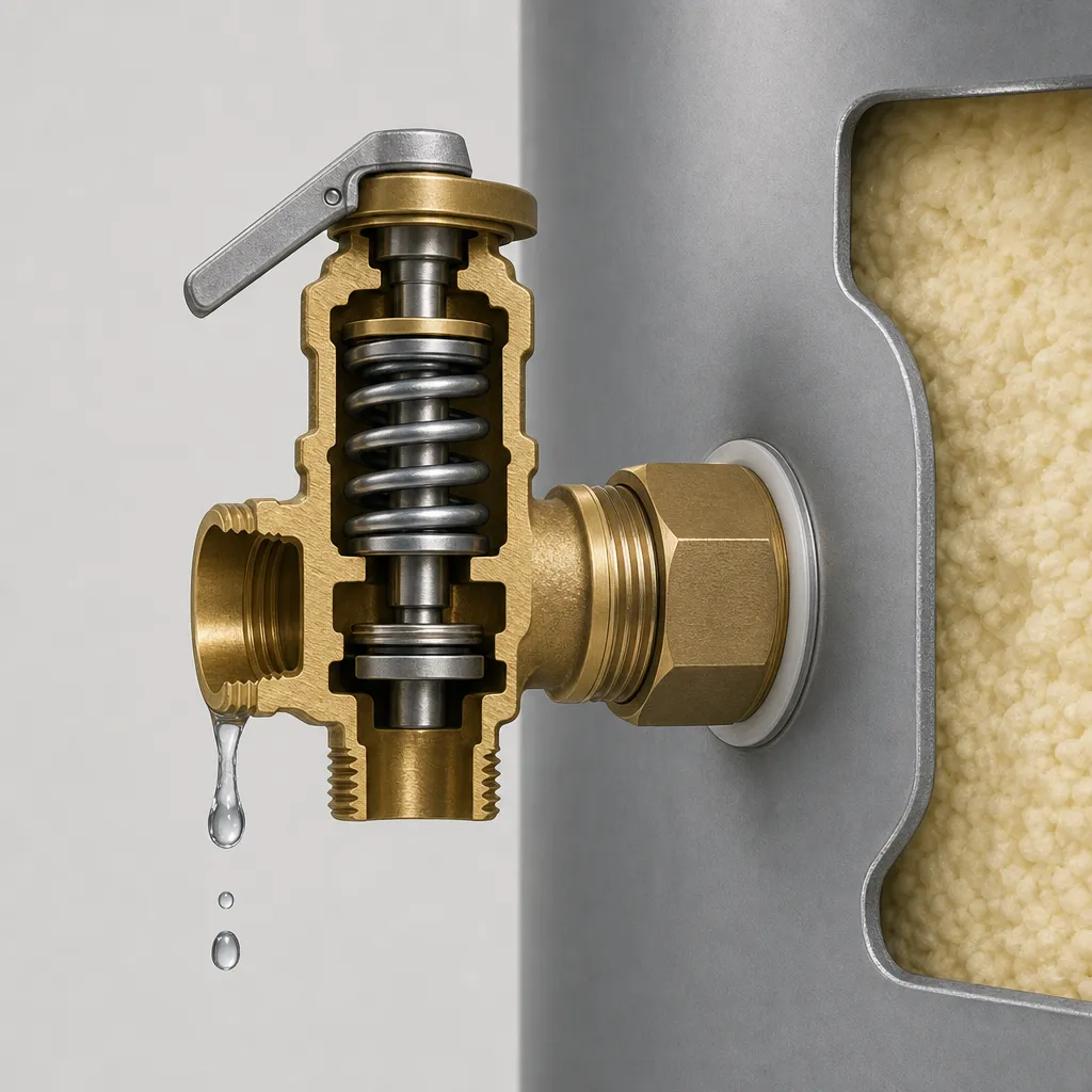 Illustration: cutaway of a brass T&P relief valve threaded into a water heater tank, showing the internal spring loading the disc against the seat and a water droplet at the discharge outlet.