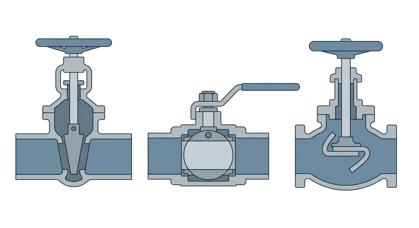 Illustration: cutaway comparison of a gate valve, a ball valve, and a globe valve showing each internal mechanism