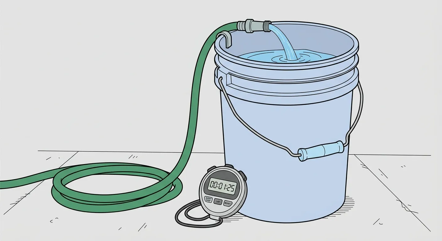 Illustration: a green garden hose filling a pale blue 5-gallon bucket while a digital stopwatch beside it times the fill
