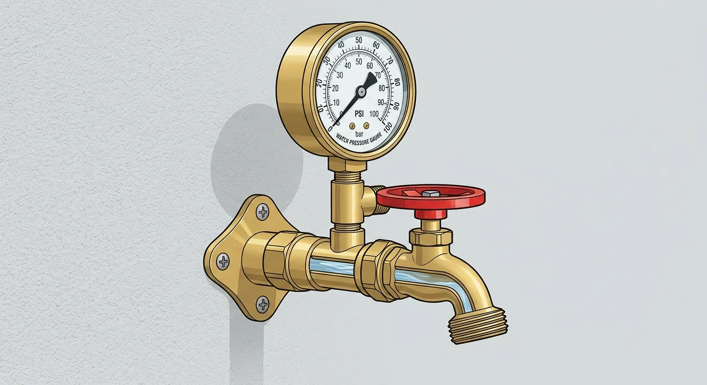Illustration: a brass pressure gauge threaded onto an outdoor hose-bib faucet with the handle fully open, dial needle reading about 65 PSI