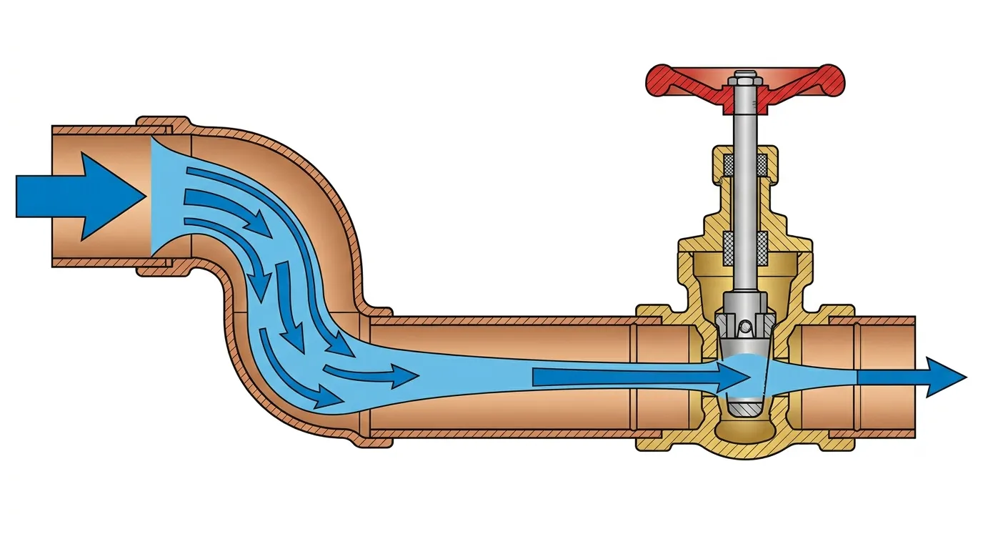 Illustration: cross-section of a copper pipe with a 90-degree elbow and a gate valve, blue water-flow arrows narrowing as they pass through each fitting