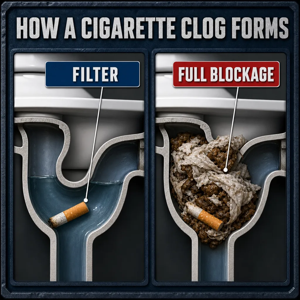 Illustration: cross-section of a toilet trap showing a cigarette filter wedged at the bend, catching toilet paper