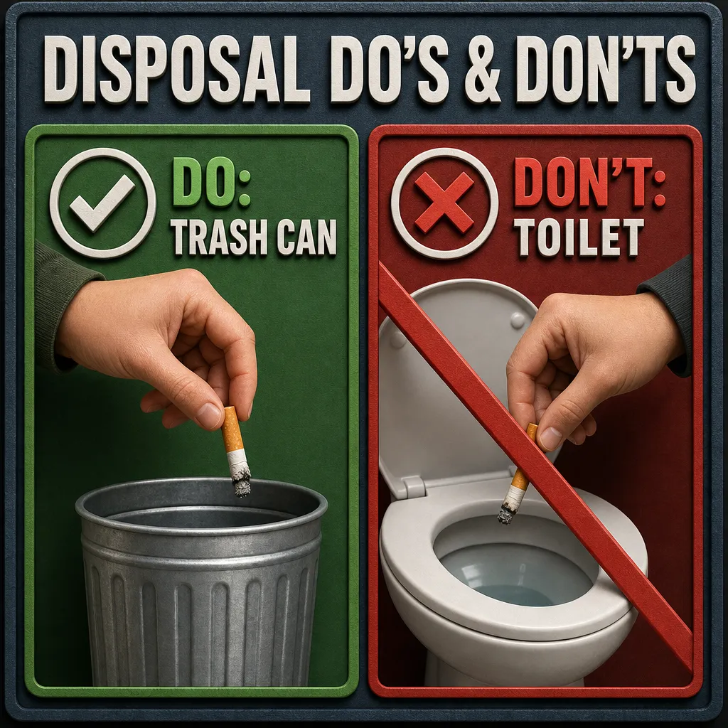 Illustration: side-by-side showing cigarette butt going into a lidded metal tin (correct) versus into a toilet bowl (incorrect)