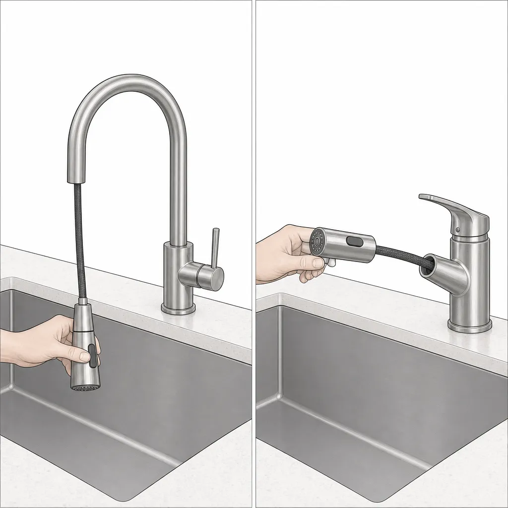 Illustration: side-by-side comparison of a tall gooseneck pull-down faucet with its spray head pulled straight down into the sink, beside a short low-profile pull-out faucet with its wand pulled horizontally outward