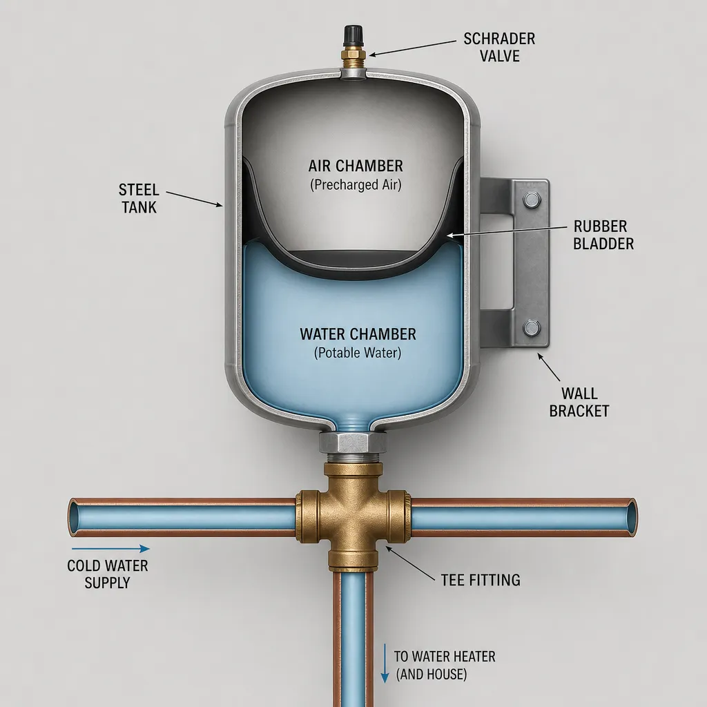 Illustration: vertical cross-section of a water heater expansion tank showing the upper precharged air chamber, rubber bladder divider, lower potable-water chamber, top-mounted Schrader valve, and brass tee fitting at the cold water inlet