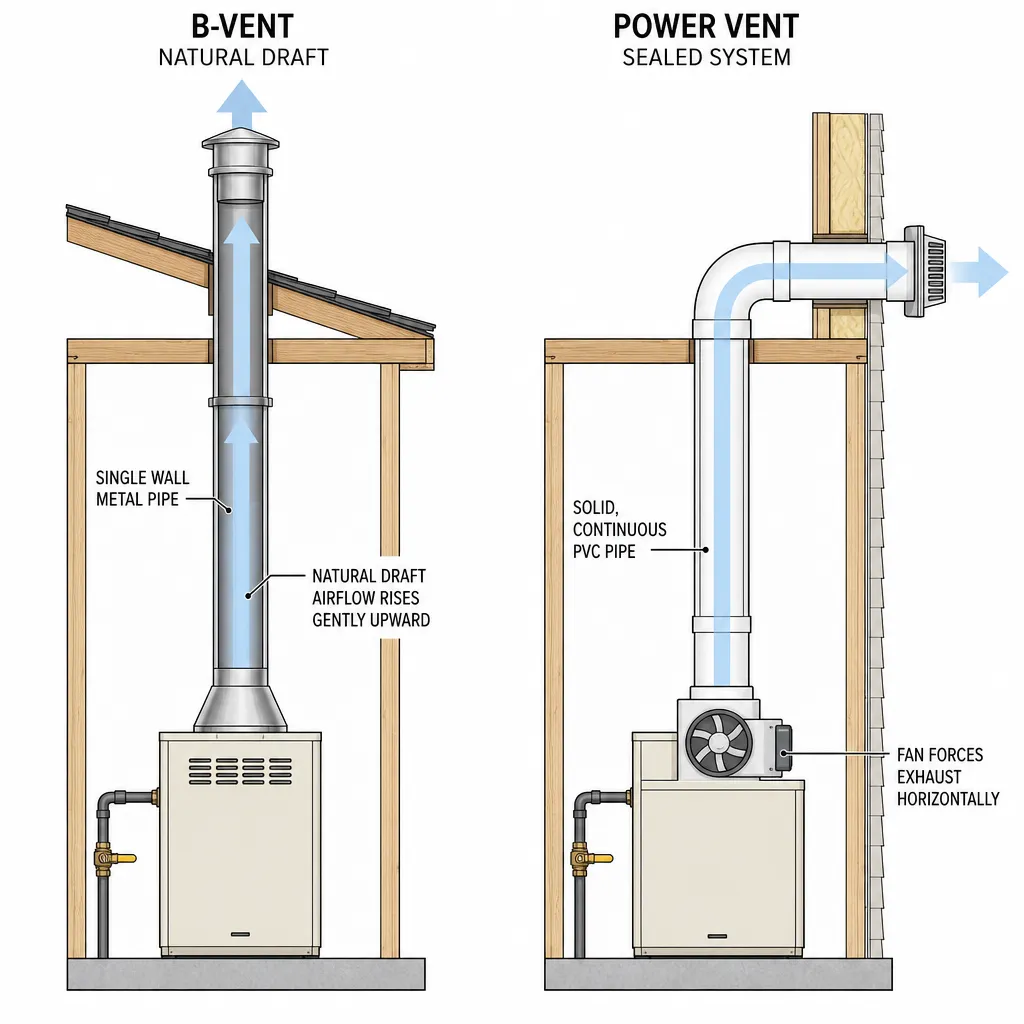 Illustration: side-by-side cross-section comparing a natural-draft B-vent rising vertically through the roof against a fan-forced power vent exhausting horizontally through the wall