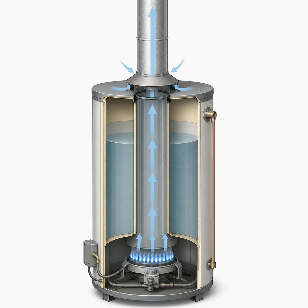Illustration: cutaway of a gas water heater showing hot exhaust rising up the central flue and draft pipe while room air is drawn in at the draft-hood gap