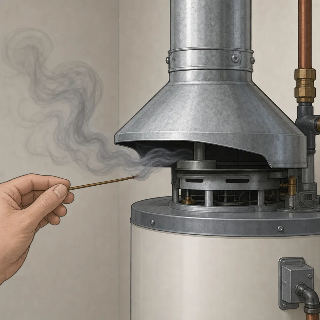 Illustration: a hand holds a smoking stick at a gas water heater draft hood and the smoke drifts outward into the room, indicating a backdraft