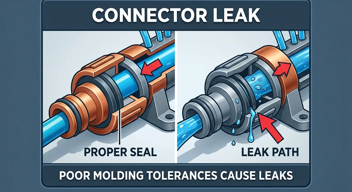Illustration: Cross-section of a hose connector showing a proper seal on the left and a leak path due to warped plastic on the right.