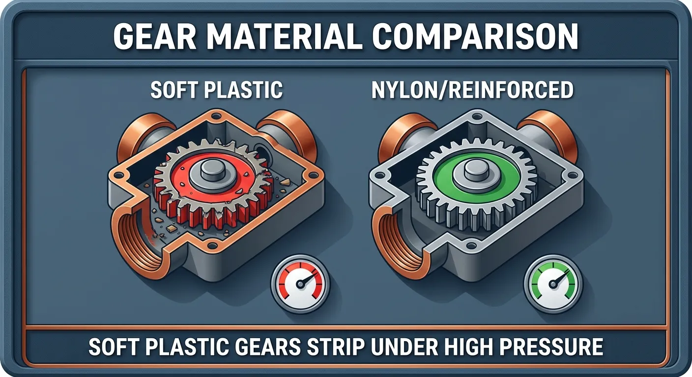 Illustration: Side-by-side cutaway views of a soft plastic gear with broken teeth and a reinforced nylon gear with intact teeth.