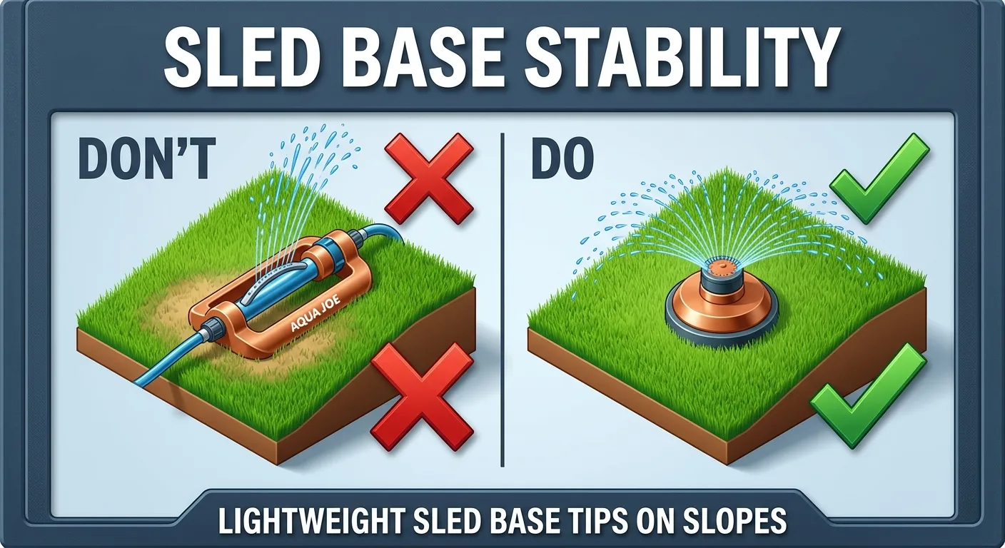 Illustration: Side-by-side comparison of a tipped-over sled base sprinkler on a slope versus a weighted base sprinkler staying upright with even coverage.