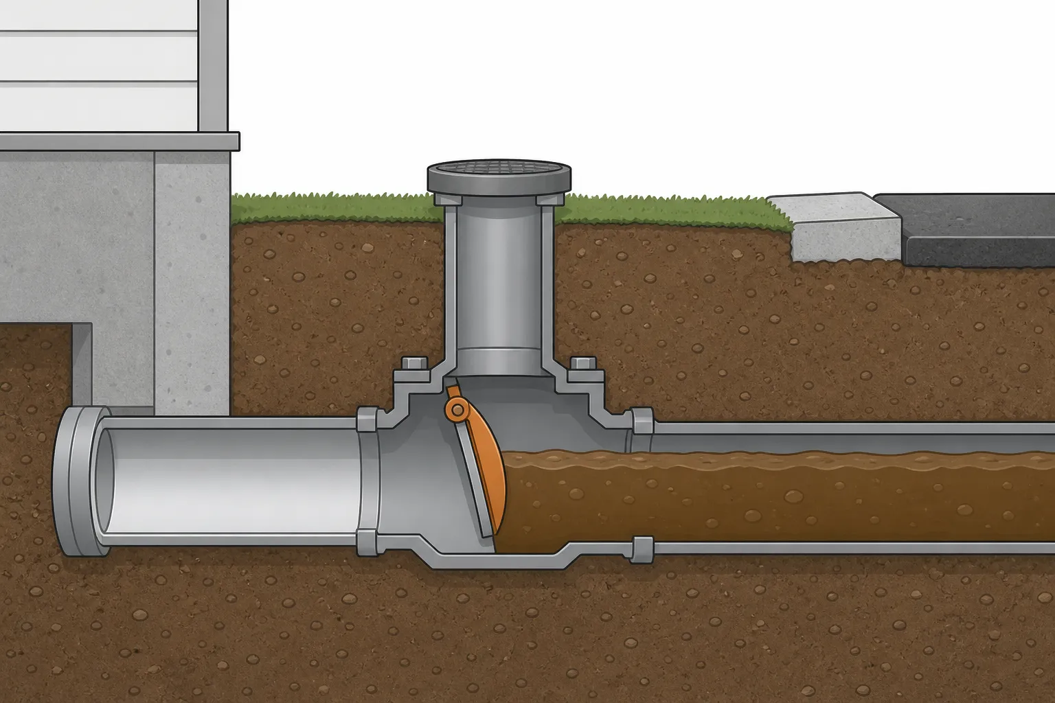 Illustration: a closed backwater valve in a buried sewer pipe, sewage held back on the street side while the house side stays dry