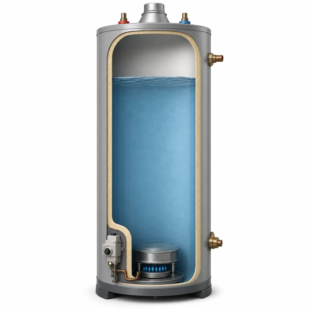 Illustration: Side cutaway of a water heater tank with closed cold water inlet valve, closed hot water faucets, and an air pocket at the top of the tank.