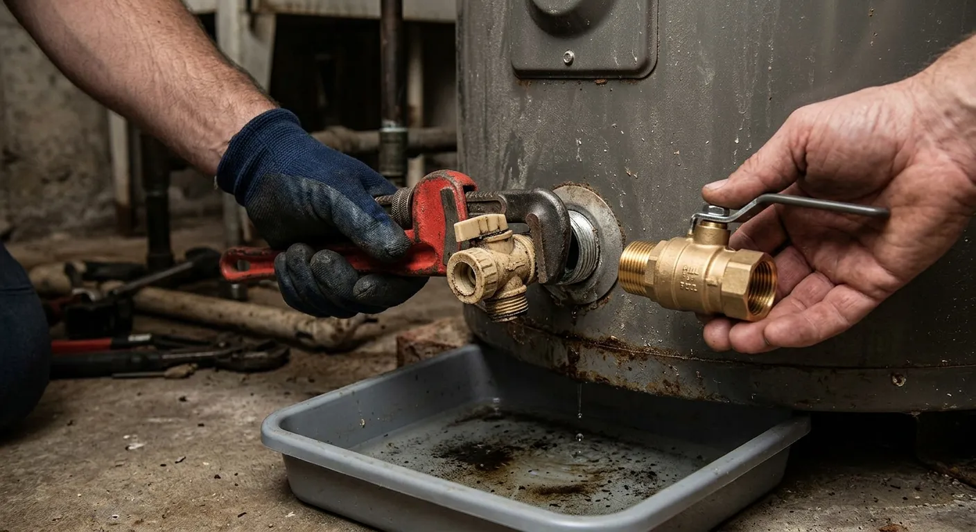 Illustration: Close-up of a pipe wrench removing an old plastic drain valve from a water heater tank, with a new brass ball valve and a pan below to catch drips.