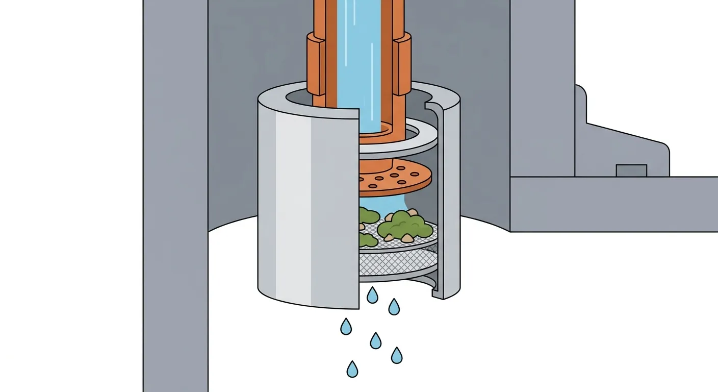 Illustration: cross-section of a faucet aerator with green algae and sediment trapped against the mesh screen