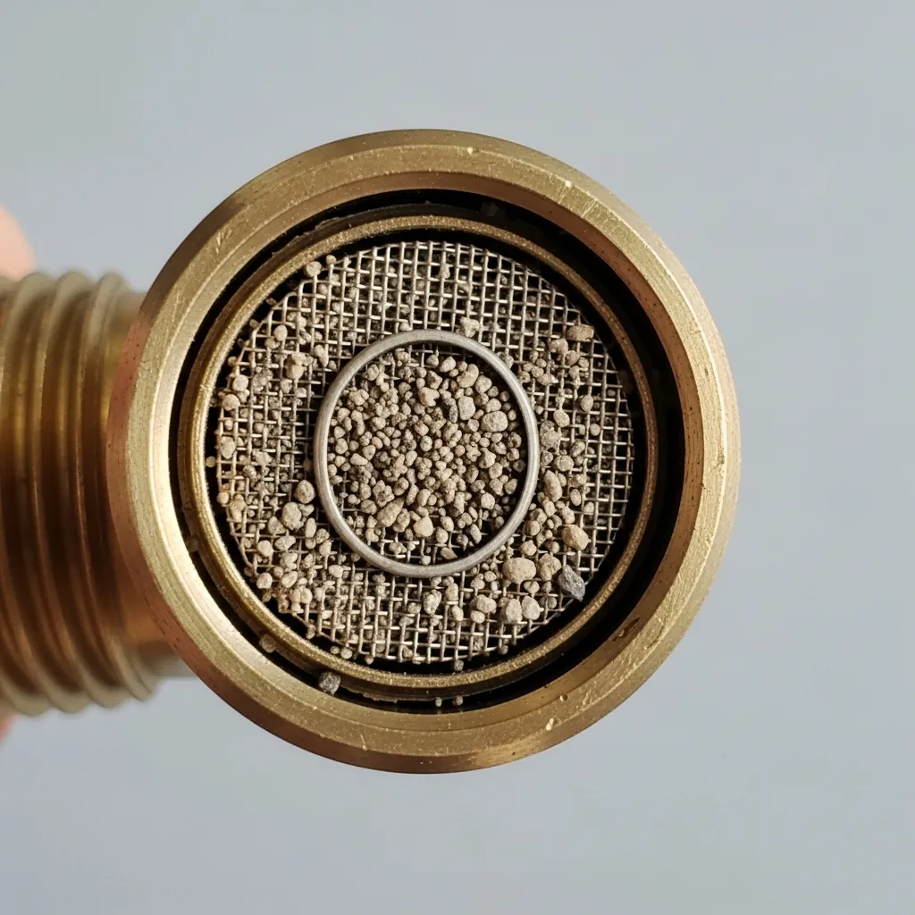 Illustration: A faucet aerator held sideways with sediment particles clogging the mesh screen.