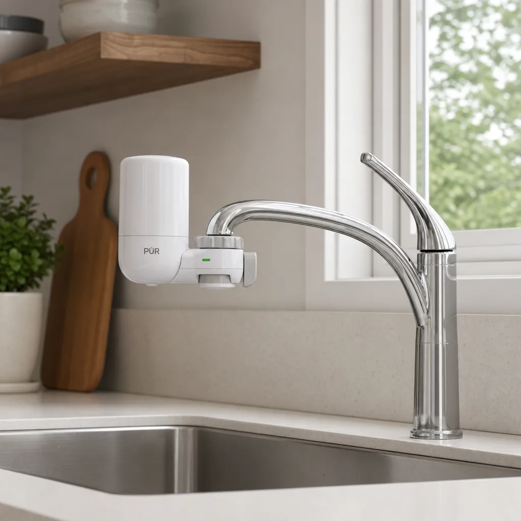 Illustration: A hand pushes a clear plastic tube into a push-fit connector on a faucet filter attached to a kitchen faucet spout.