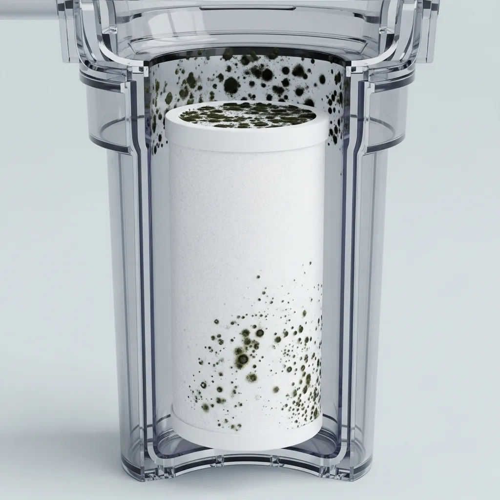 Illustration: A cross-section of a faucet filter housing showing dark mold spots on the inner walls and cartridge.