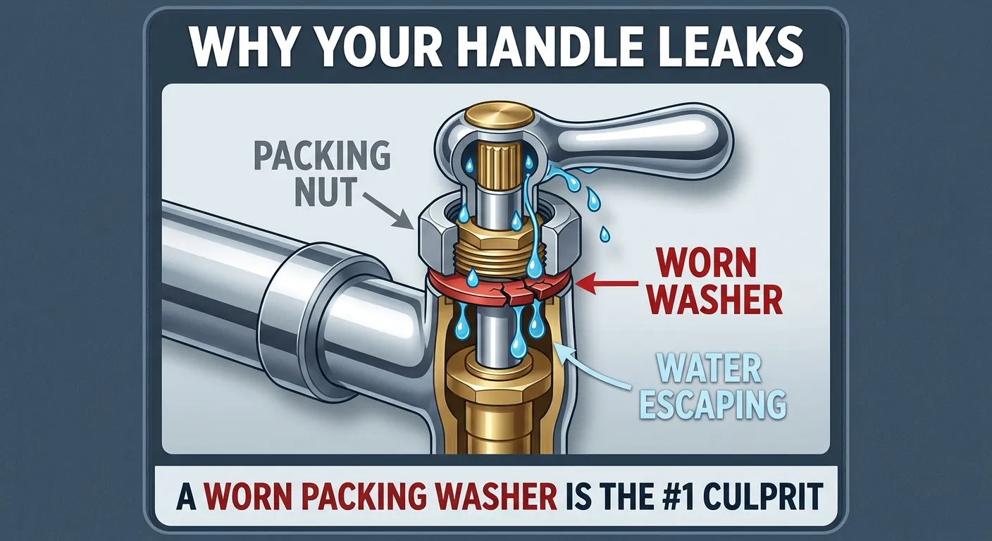 Illustration: A cutaway cross-section of a compression faucet handle, showing a cracked packing washer and blue water droplets leaking upward around the valve stem.