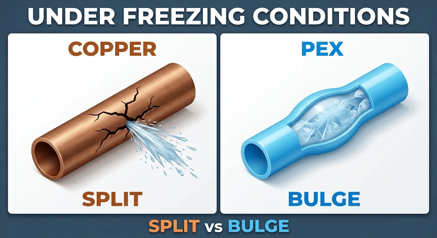 Illustration: side-by-side comparison of a copper pipe with a jagged longitudinal split spraying water versus a PEX pipe showing a smooth outward bulge with ice visible inside but no water escaping.