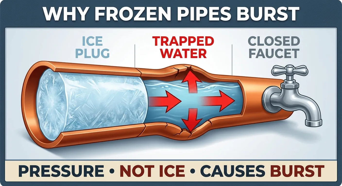 Illustration: cross-section of a horizontal water pipe showing three zones — an ice plug on the left, a high-pressure trapped water region in the middle with outward pressure arrows, and a closed faucet on the right — with the pipe wall bulging around the trapped water region.
