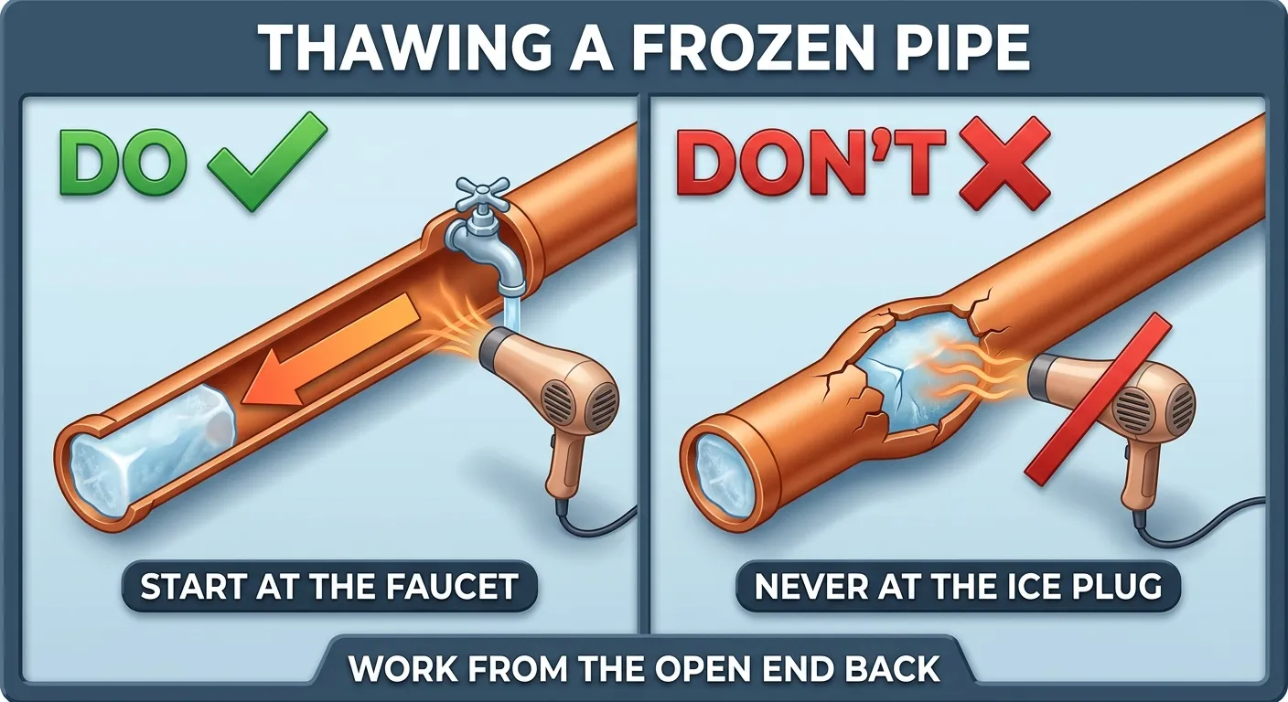 Illustration: side-by-side panels showing the correct way to thaw a frozen pipe — heat applied at the faucet end working back toward the ice plug — and the wrong way, heat applied directly at the ice plug causing pipe failure.