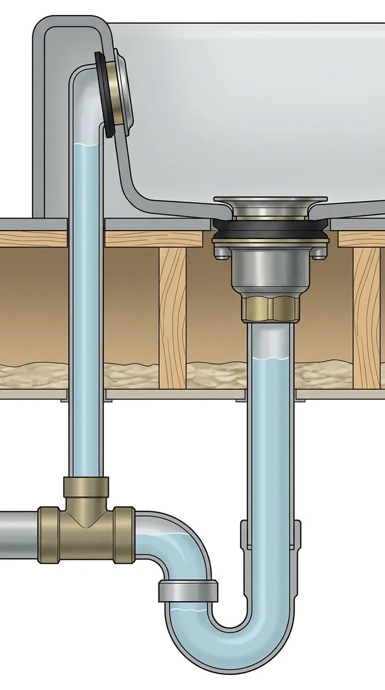 Illustration: Cross-section of a bathtub drain and overflow assembly showing the drain flange, rubber gasket, drain body, P-trap, overflow pipe, and overflow gasket.