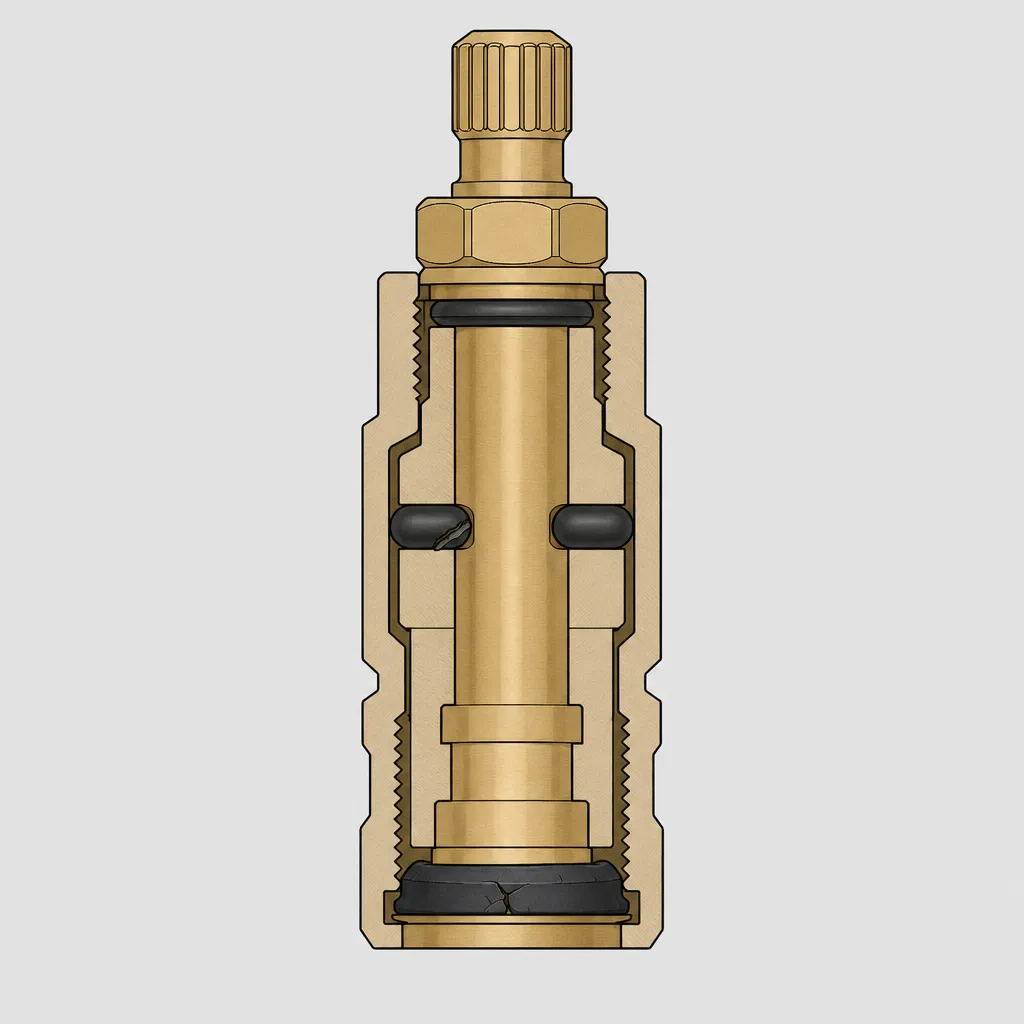 Illustration: Cross-section of a faucet cartridge showing three O-rings seated along the brass stem body — the rubber seals that wear out and cause drips.