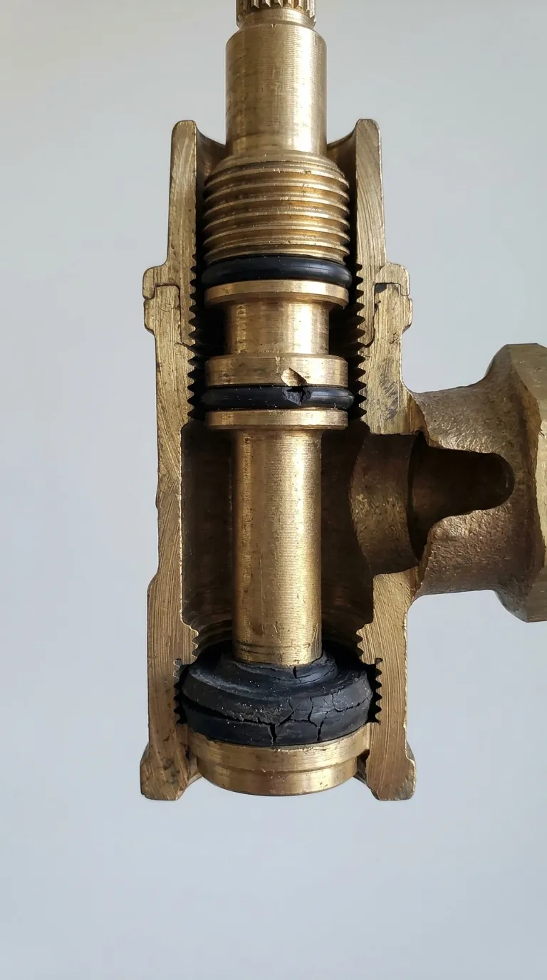 Illustration: Cross-section of a faucet stem with a worn rubber washer at the bottom and a nicked O-ring on the side, showing the parts that commonly cause leaks.