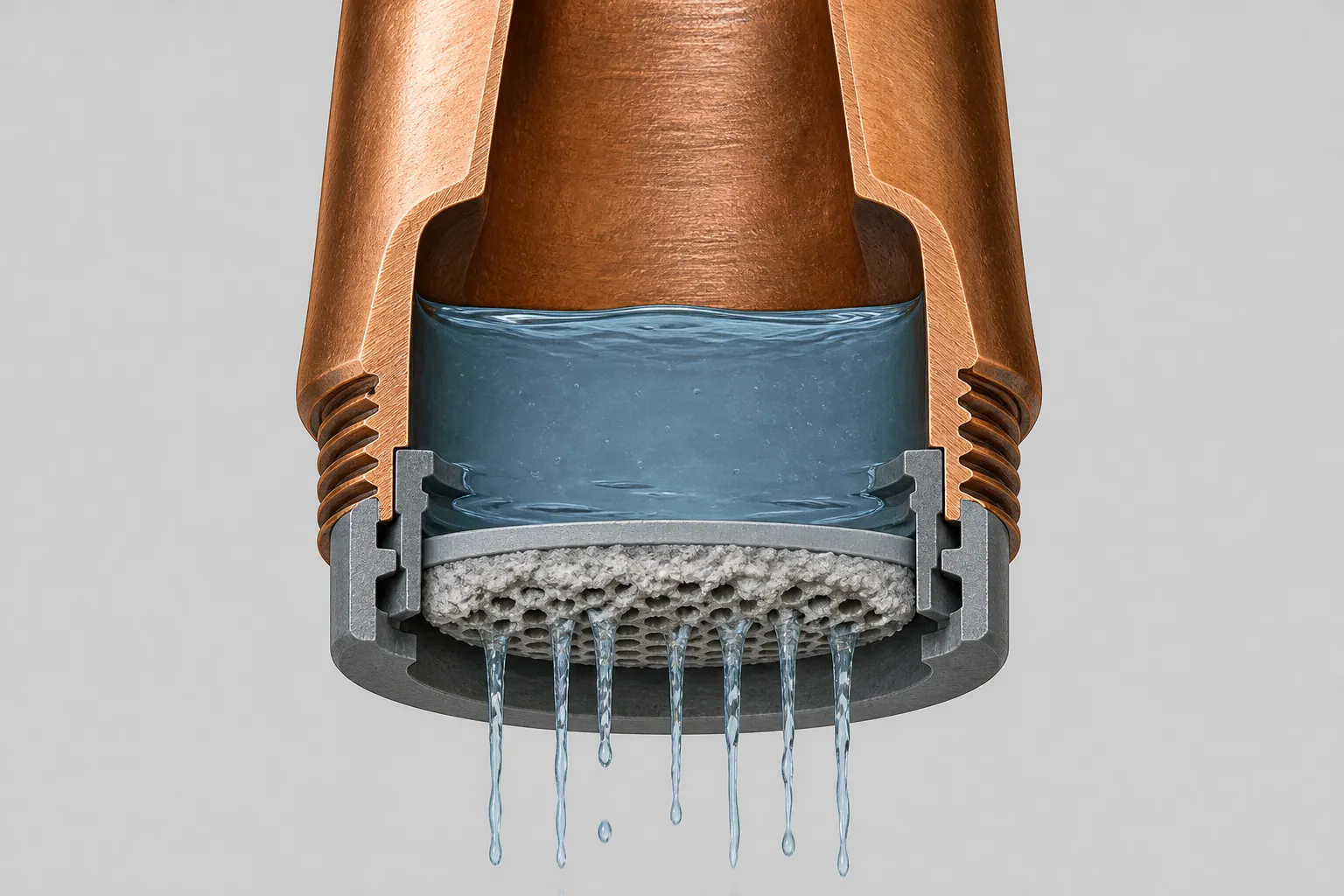 Illustration: cutaway of a copper faucet spout and its aerator, with grey mineral crust packed under the screen so water above it escapes only as thin trickles
