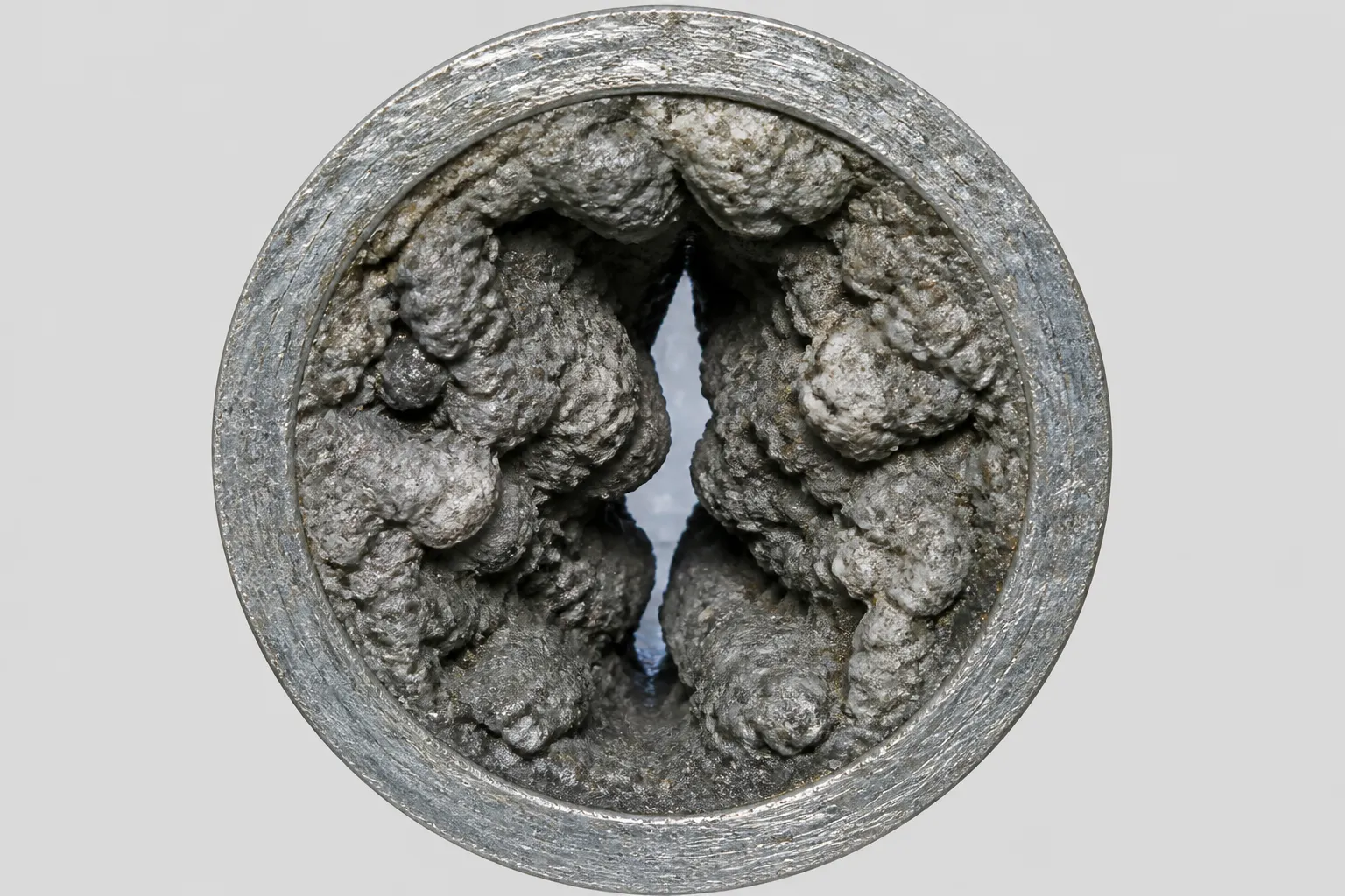 Illustration: end-on view into a galvanized steel pipe whose inside is almost completely filled with lumpy grey corrosion, leaving only a narrow slit open