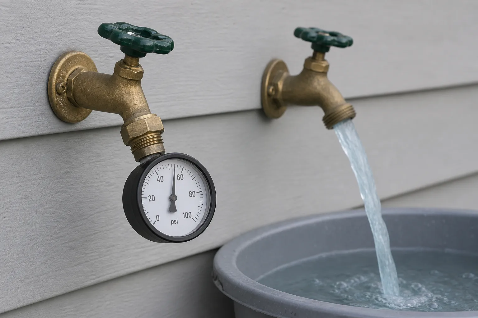 Illustration: a dial pressure gauge screwed onto an outdoor hose bib while a second spigot on the same wall runs water into a grey tub