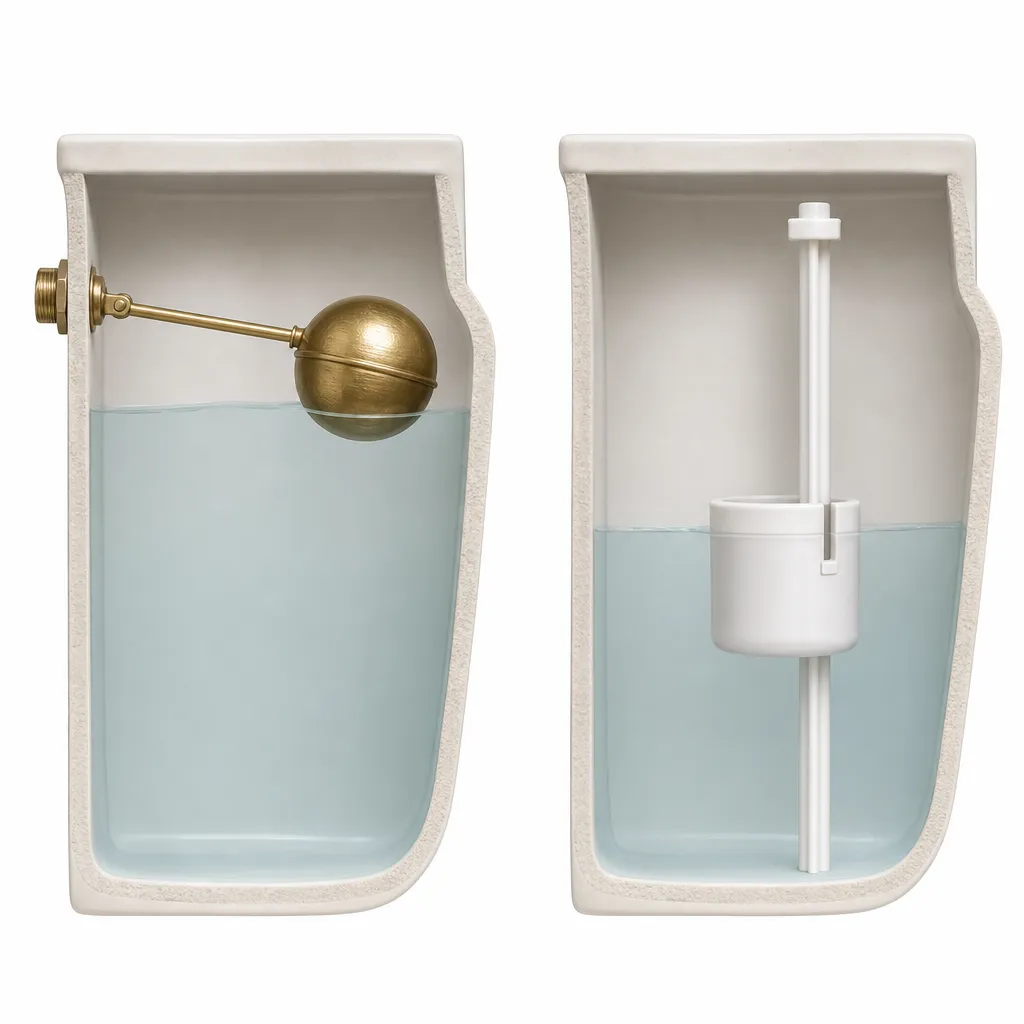Illustration: Side-by-side comparison of a ball float on a brass arm (left) and a cup float on a vertical tube (right), both inside a toilet tank cross-section.