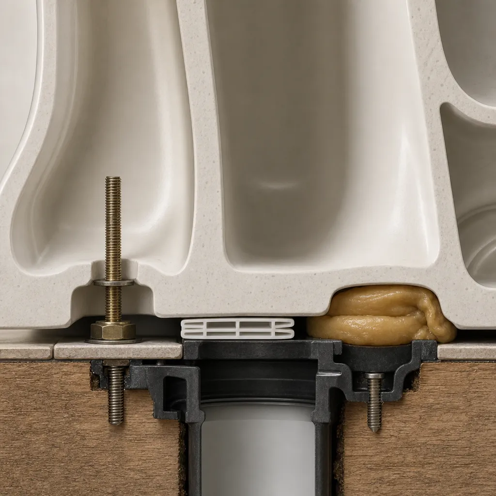Illustration: Cross-section of a toilet base showing a loose closet bolt on the left, a gap with a plastic shim in the center, and a deformed wax seal on the right