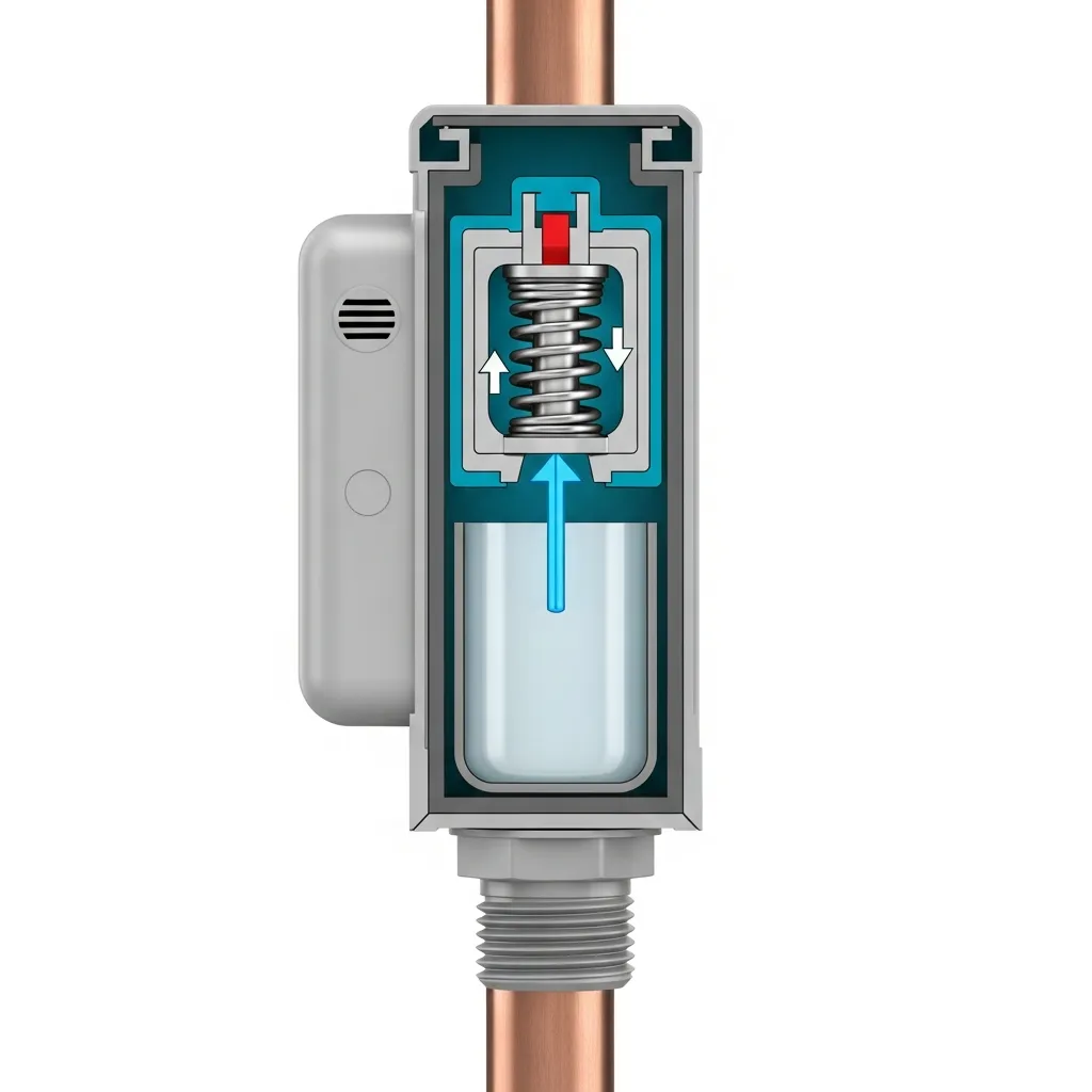 Illustration: Cross-section of an atmospheric vacuum breaker showing the spring-loaded poppet valve sealing the air inlet, the empty water chamber, threaded hose connection, and side vent hole.