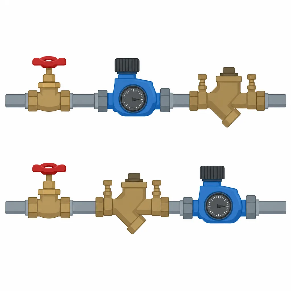Illustration: Side-by-side comparison of two pipe sequences showing correct and incorrect placement order of the backflow preventer relative to the shut-off and timer valves.