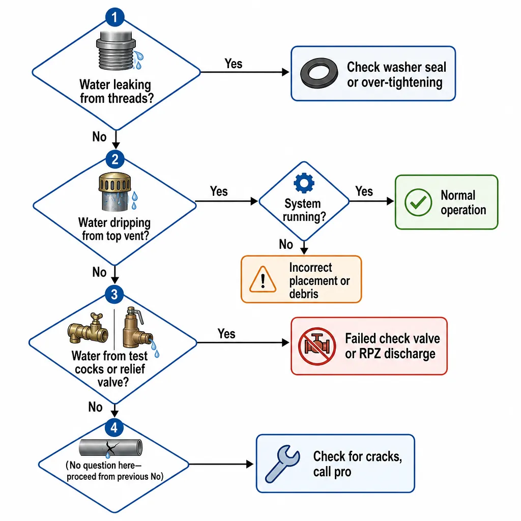 Illustration: Troubleshooting flowchart for a leaking backflow preventer with decision points for thread leaks, vent drips, and test cock or relief valve discharge.