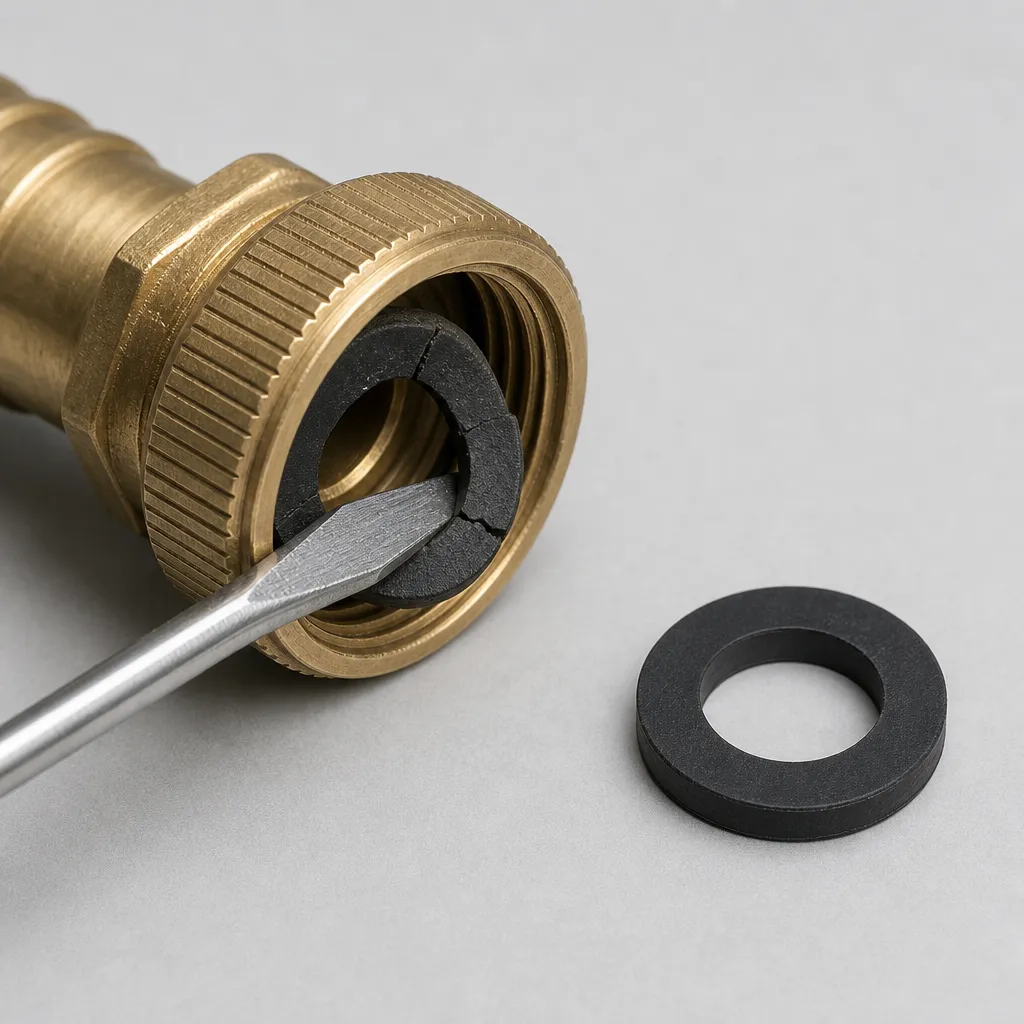 Illustration: Close-up of a female hose connection with a screwdriver prying out a cracked rubber washer, with a new washer beside it.