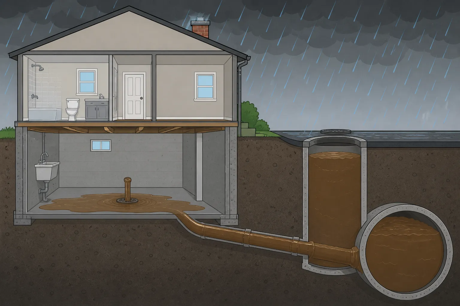 Illustration: storm-surcharged city sewer main and manhole full of sewage, pushing water back up the house lateral and out of the basement floor drain