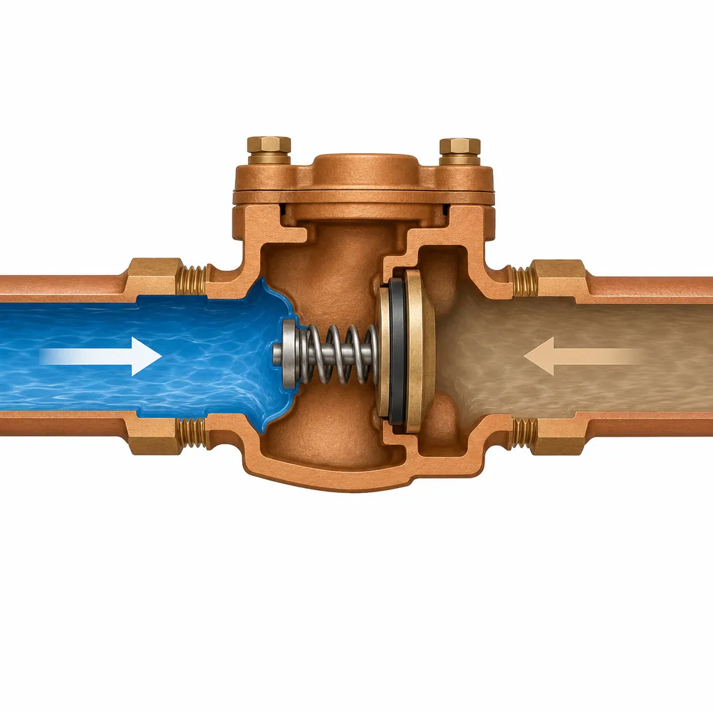 Illustration: Cross-section of a horizontal pipe with a copper-orange backflow preventer body; blue water flows rightward through the device while a brown arrow from the right is blocked by a closed internal check valve with visible spring and disc.
