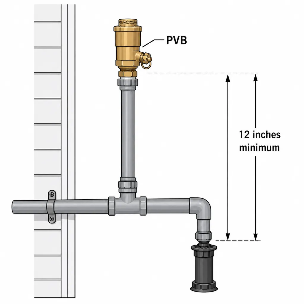Illustration: Diagram showing a brass PVB valve installed 12 inches above the downstream sprinkler connection, with a measurement bracket labeling the minimum height requirement.
