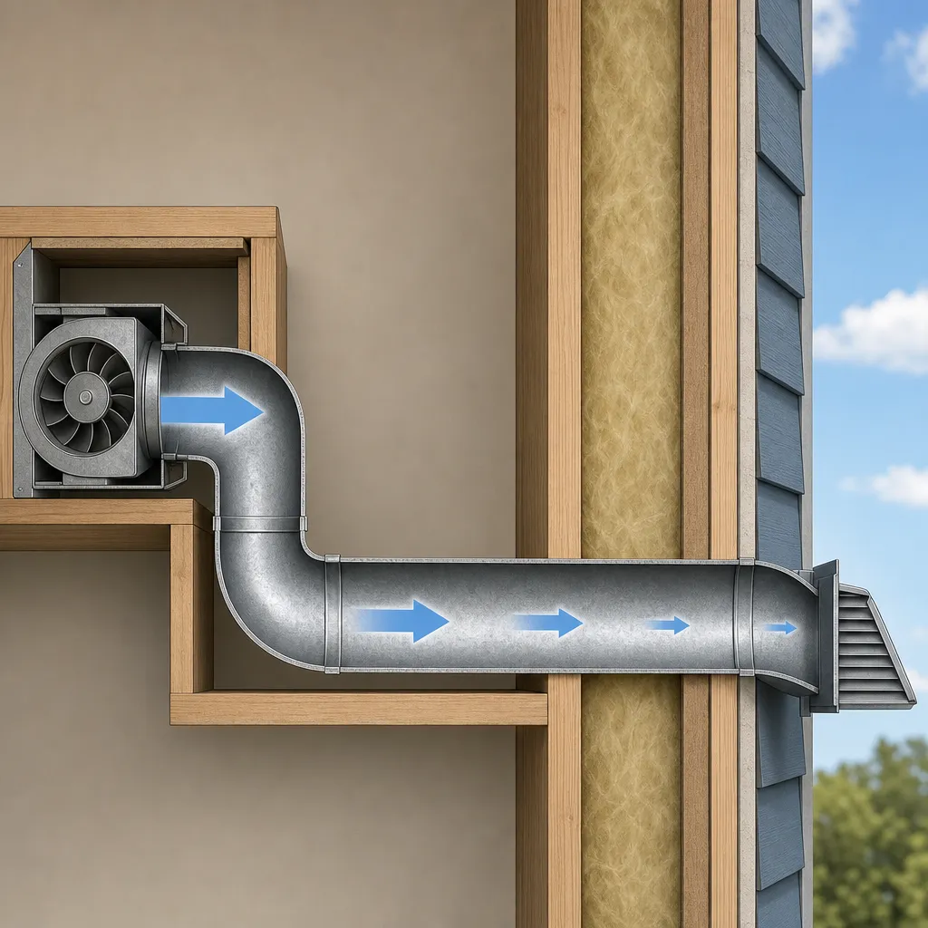 Illustration: Cross-section of a metal duct with two bends and a long run, showing airflow arrows decreasing in size from the fan to the exterior vent.