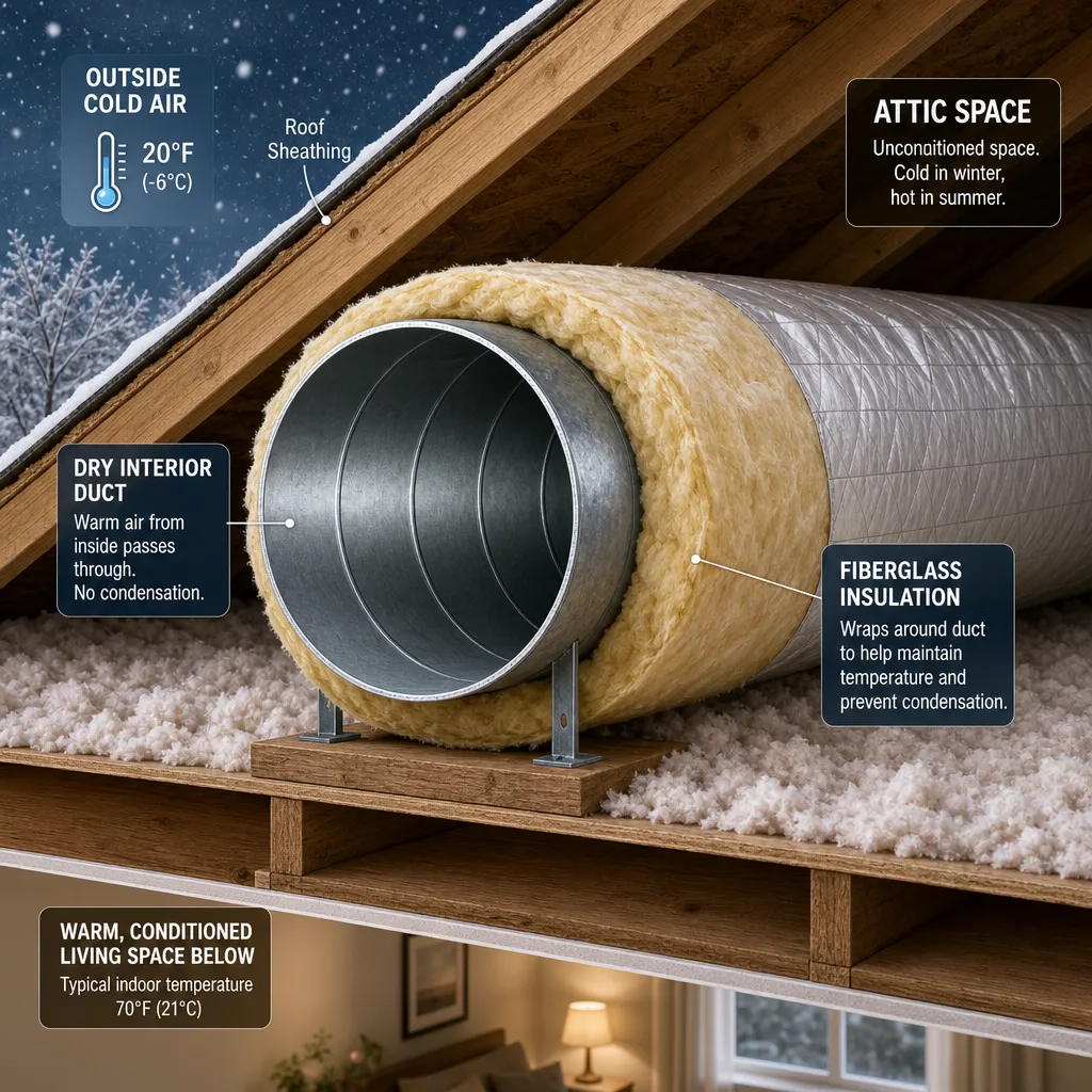 Illustration: Cross-section of an attic showing an insulated metal duct with no condensation, contrasting with an uninsulated duct that would have drips.