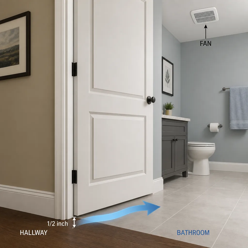 Illustration: Side view of a bathroom door with a gap at the bottom, arrow showing air flowing under the door into the bathroom while the ceiling fan runs.