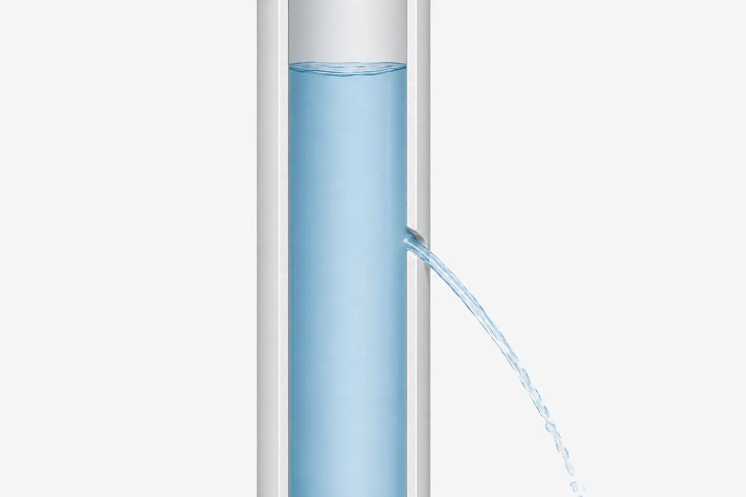 Illustration: cutaway of a vertical PVC discharge pipe with a small weep hole drilled at a downward angle, a thin stream of water spraying out below the waterline