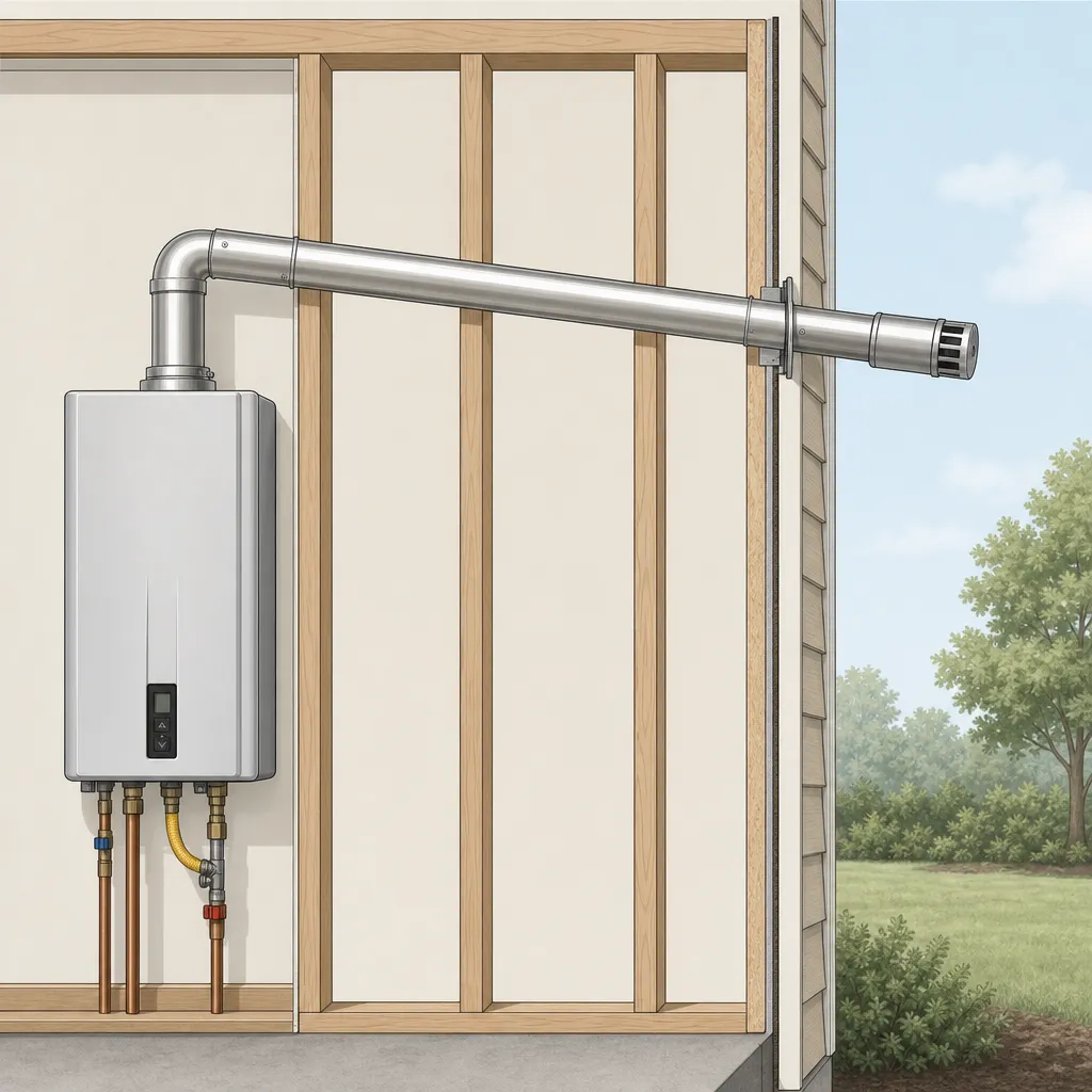 Illustration: cross-section of a wall-mounted gas tankless water heater with a horizontal stainless steel vent pipe pitched downward toward an exterior wall termination cap