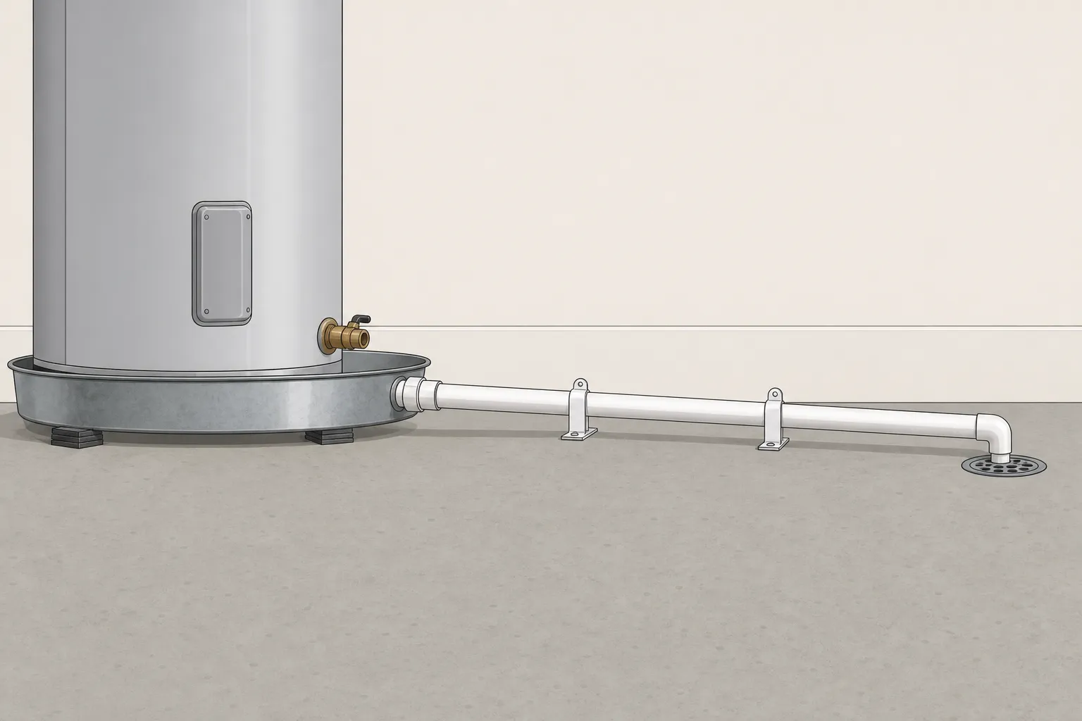 Illustration: a PVC drain line runs from a water heater pan to a floor drain, supported by two pipe hangers and pitched downhill