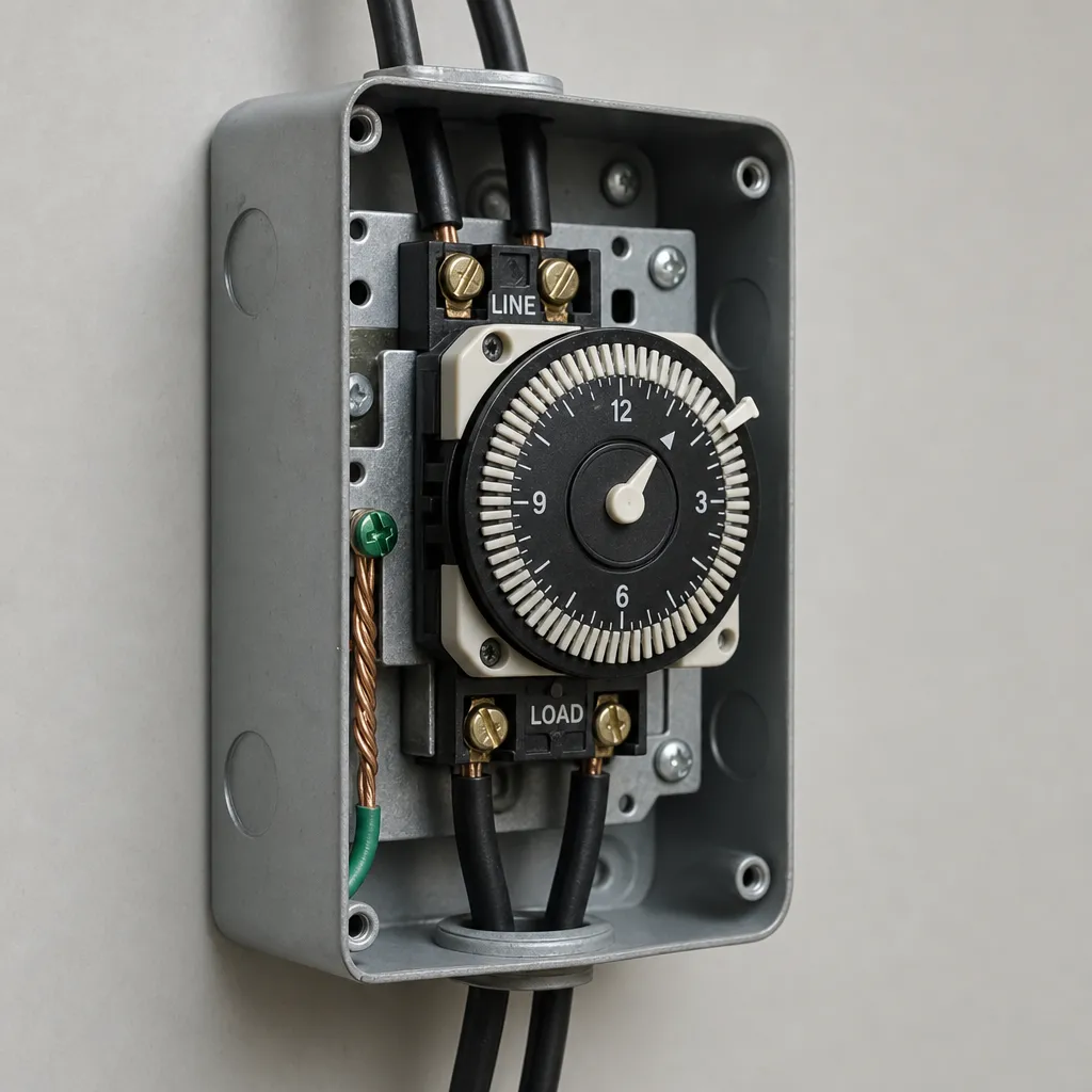 Illustration: open water heater timer box showing two black wires entering LINE terminals at top and two exiting LOAD terminals at bottom, with ground wires joined to the metal box
