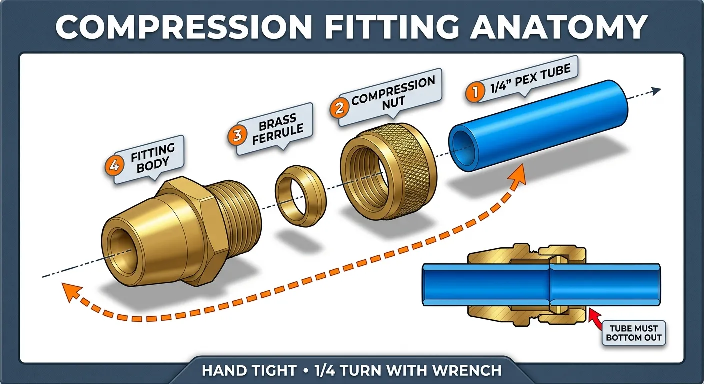 Illustration: exploded view of a 1/4-inch brass compression fitting showing the PEX tube, compression nut, brass ferrule, and fitting body, with a cross-section showing the tube bottomed out against the internal shoulder.